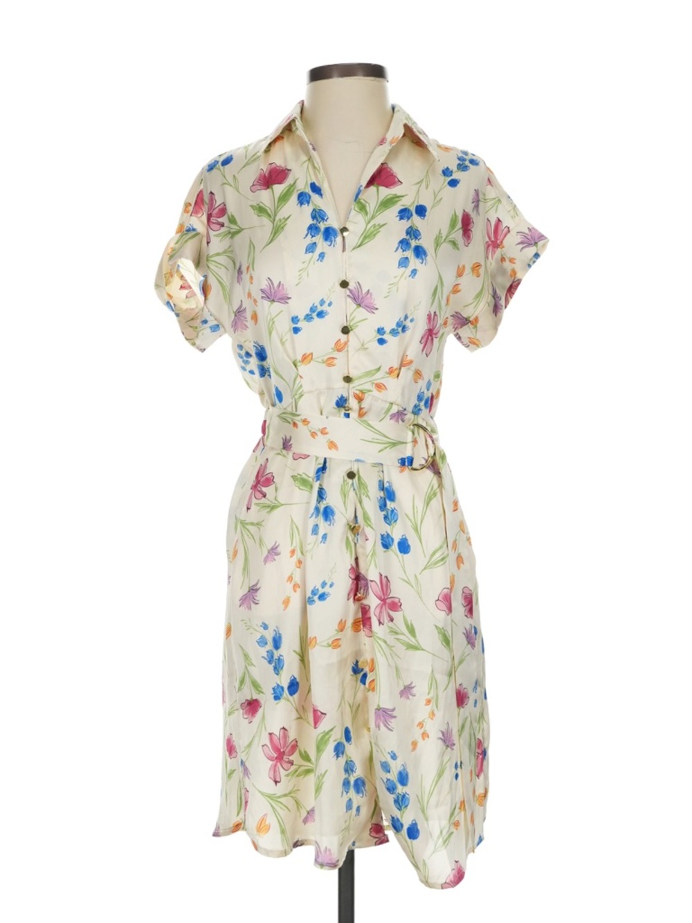 French Connection Cream Floral Midi Shirtdress with Pink, Blue & Orange Flowers